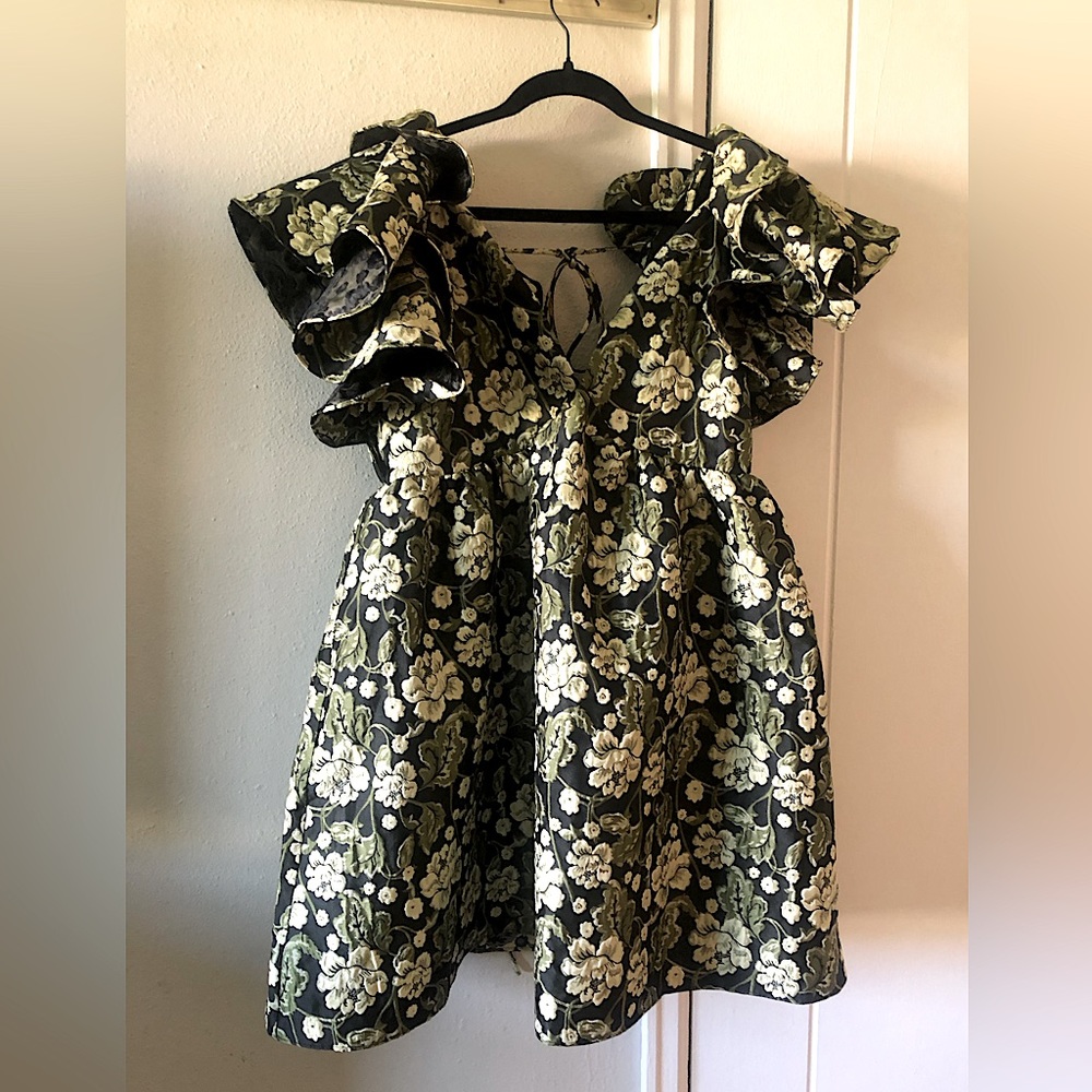Floral Jacquard Plunge Mini Dress With Ruffle Sleeve- Size 12 - ASOS Edition
